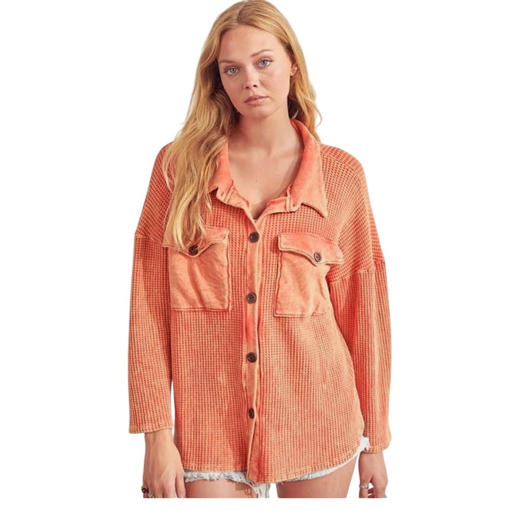 Bucket List Orange Vintage Wash Waffle Knit Shacket Oversized Womens size Small